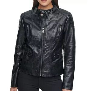 Kenneth Cole Black Faux Leather Moto Jacket Quilted Shoulder Zip Moto Size S